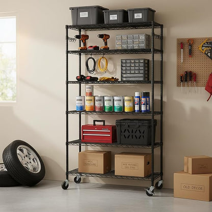 6-Tier Metal Storage Rack with Wheels, Sturdy Adjustable Wire Shelving Unit - Image 5