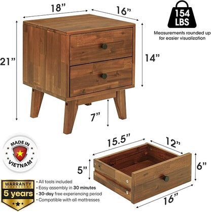 Acacia Silvia Nightstand with 2 Drawers, Solid Wood Bedside Table, Table with - Image 2
