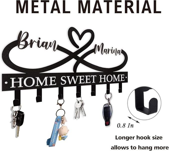 Personalized Couple's Name Key Rack, Wall Mounted Metal Key Holder - Image 7