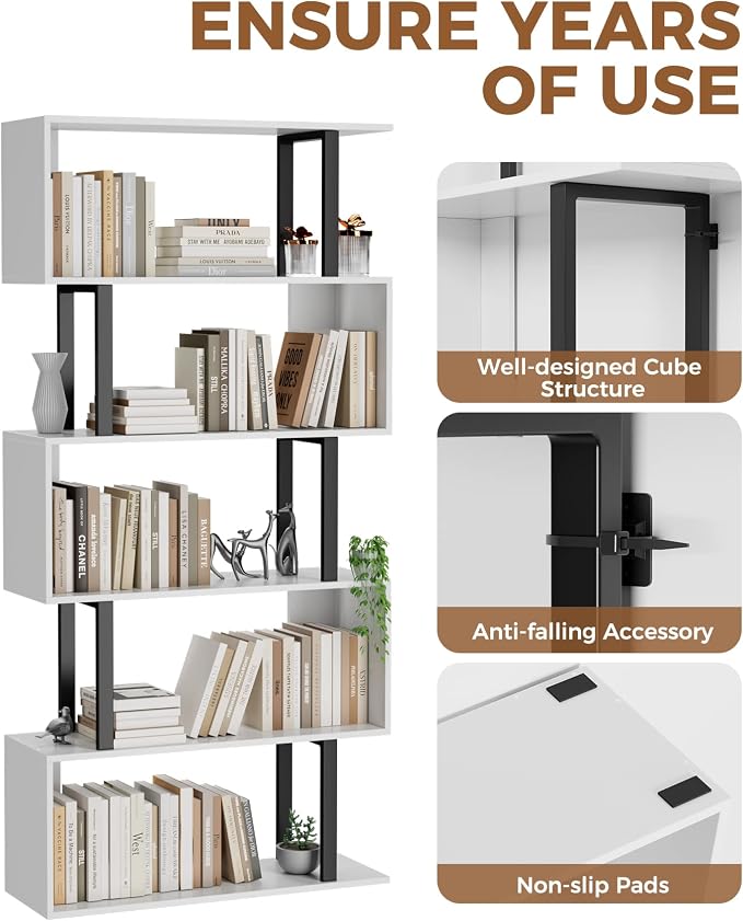 5 Tier Geometric Bookcase, S Shaped Bookshelf, Wood Decorative Storage Shelving - Image 6