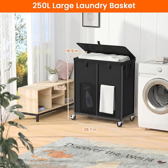 250L Laundry Hamper with Lid, Rolling Laundry Basket with Wheels and Bag | - Image 2