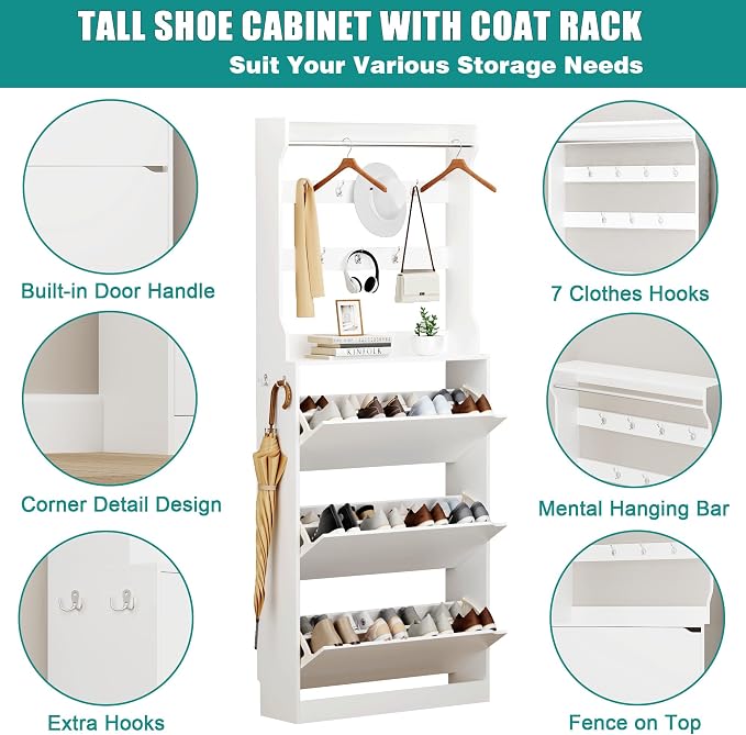 Shoe Cabinet for Entryway with 3 Flip Drawers, Narrow Hidden Slim Freestanding - Image 6
