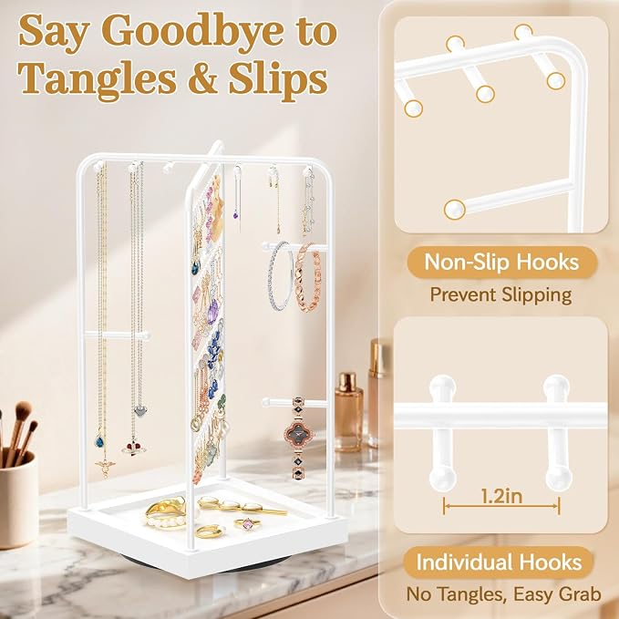 MODOWEY Earring Necklace Holder Organizer Wood Rotating Jewelry Tree, Spinning - Image 4