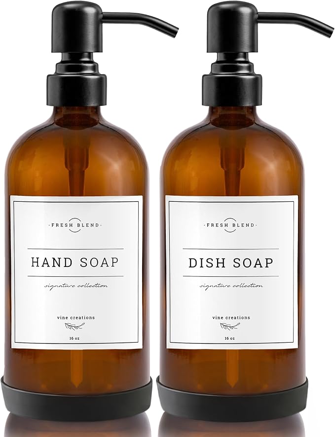 Vine Creations Amber Glass Soap Dispenser, 2 Pack Kitchen Soap Dispenser Set by VineCreations