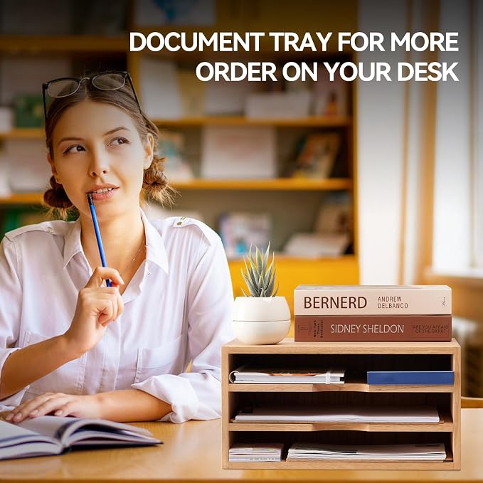 KIRIGEN Wooden Desktop Organizer Paper Storage Letter Tray File Sorter - Image 7