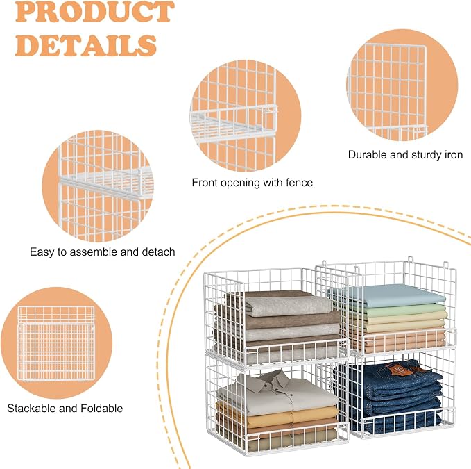4-Tier Stackable Closet Organizers and Storage Baskets, Closet Shelf Organizer - Image 4