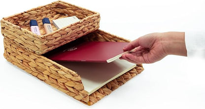 HAMOTOPI Desk Organizer Letter Tray Set of 2, Woven Water Hyacinth Tabletop - Image 9