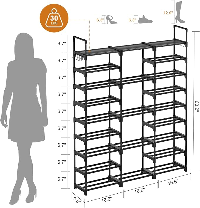 WOWLIVE 9 Tier 3-Column Shoe Rack, 50-55 Pairs Stackable Black | 50in long - Image 3
