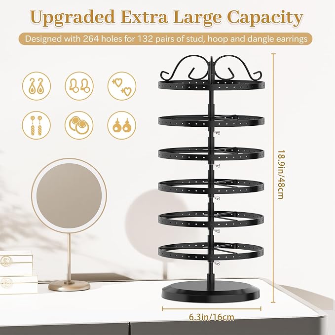 MODOWEY Rotating Earring Holder Organizer Stand, 6 Tier Large Capacity Jewelry - Image 2