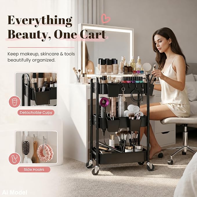 3 Tier Rolling Cart Metal with Wheels, Storage Utility Trolley Carts - Image 5