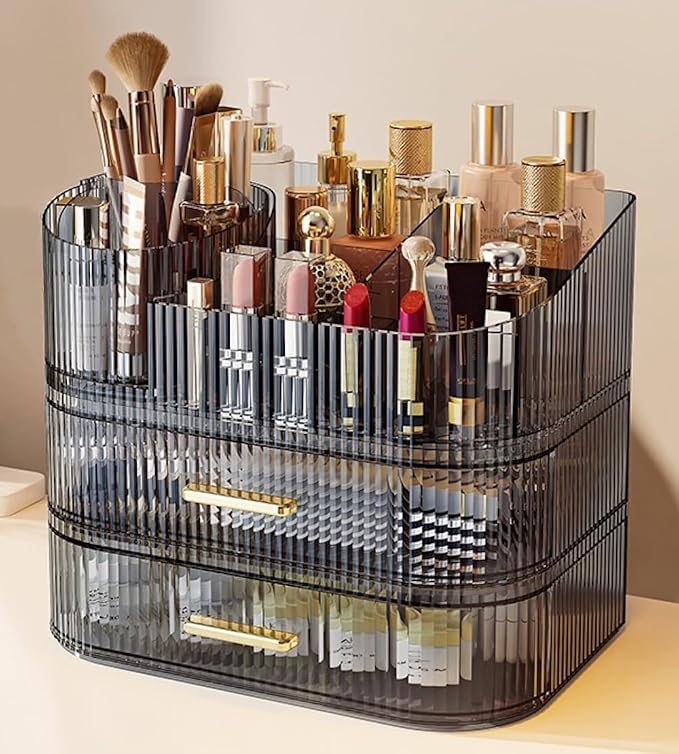 Makeup Organizer with Drawers and 360° Rotating Brush Holder, Large Capacity by Unknown