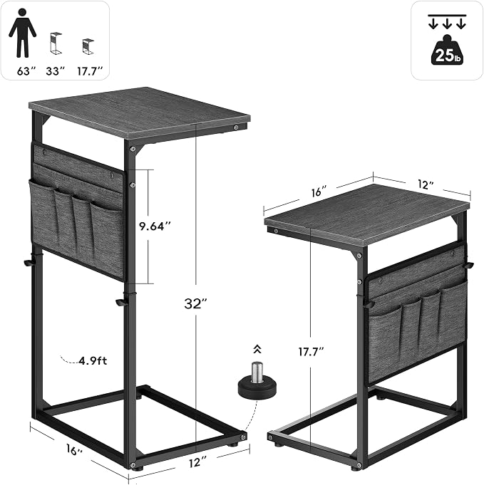 Vagusicc C Shaped End Table, Adjustable Height Small Couch Side Table - Image 3