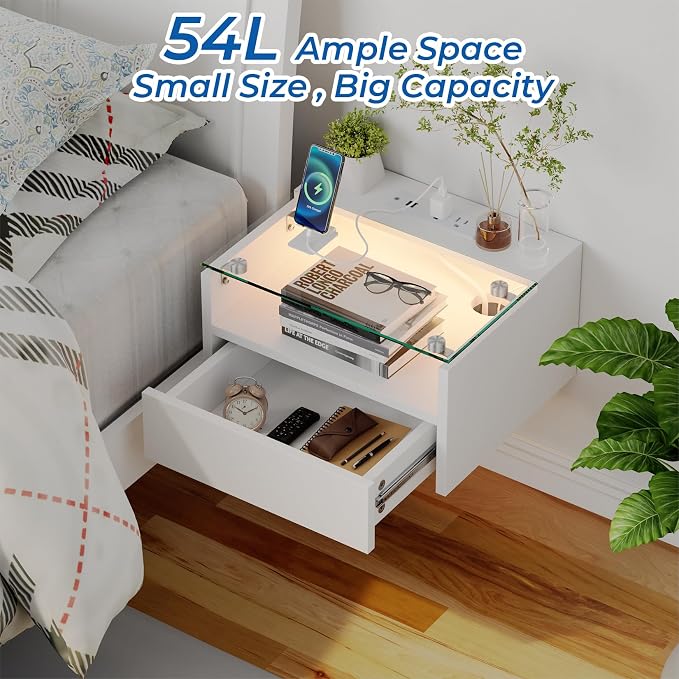 Loomie White Floating Nightstands Set of 2, 18.9” Bedside Table w/Charging - Image 6