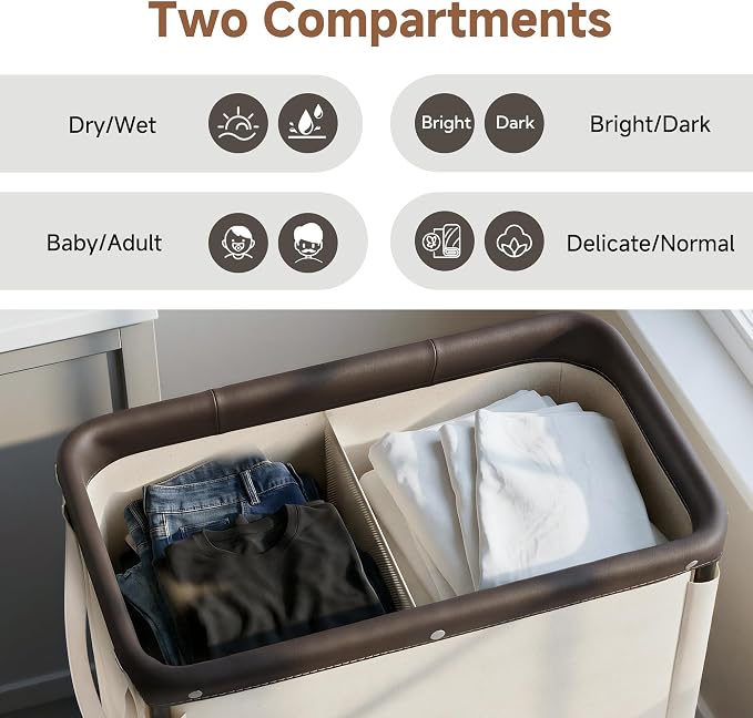 StorageWorks 2 Section Laundry Hamper, 100L Beige Sorter Cart - Image 2