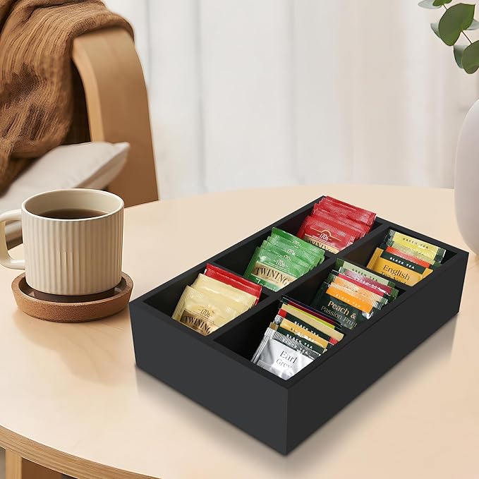 Tea Bag Box Black 6 Compartments Tea Organizer Storage Wood Drawer Station | - Image 2
