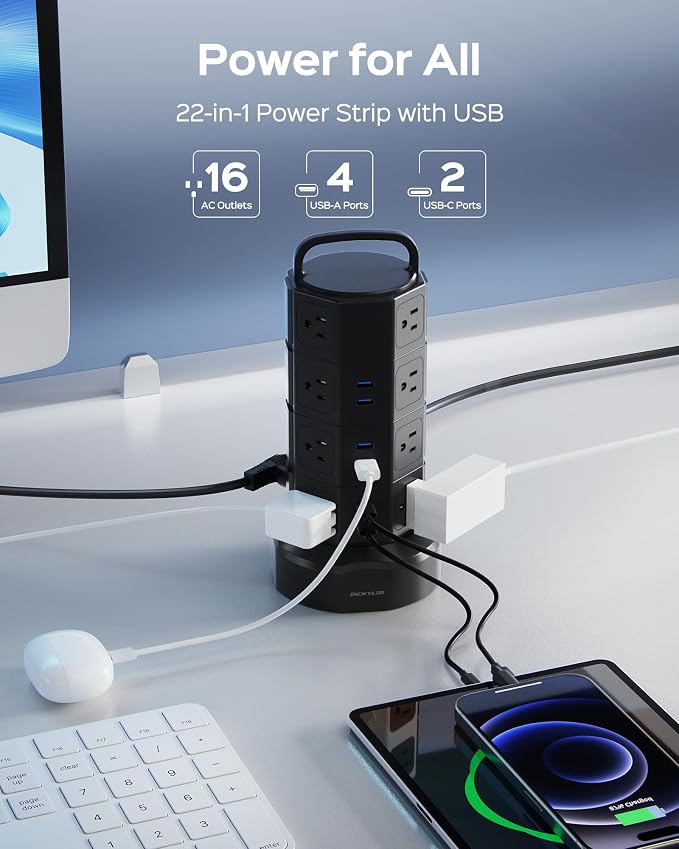 Power Strip Tower Surge Protector, JACKYLED 16 Outlets 6 USB Charging Station - Image 2