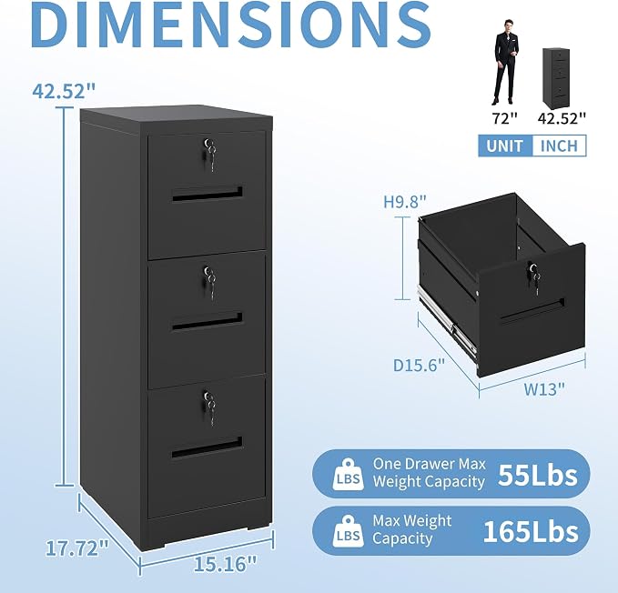 3 Drawer File Cabinet with 3 Locks, Metal Filing Cabinet Heavy Duty Vertical - Image 3