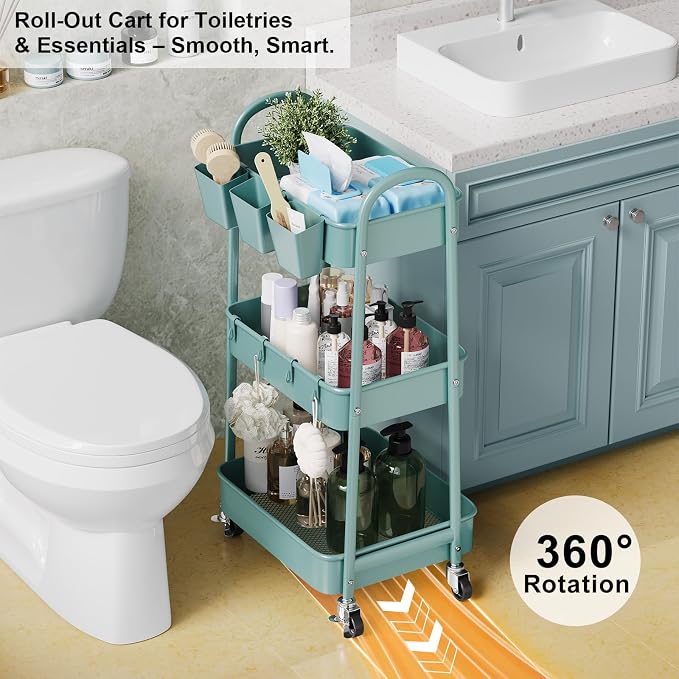 3 Tier Green Metal Rolling Cart - Image 7