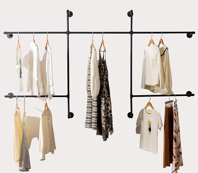 Industrial Pipe Clothes Rack Wall Mounted Clothing Rack, Heavy Duty Iron Pipe by HOMEYEENG