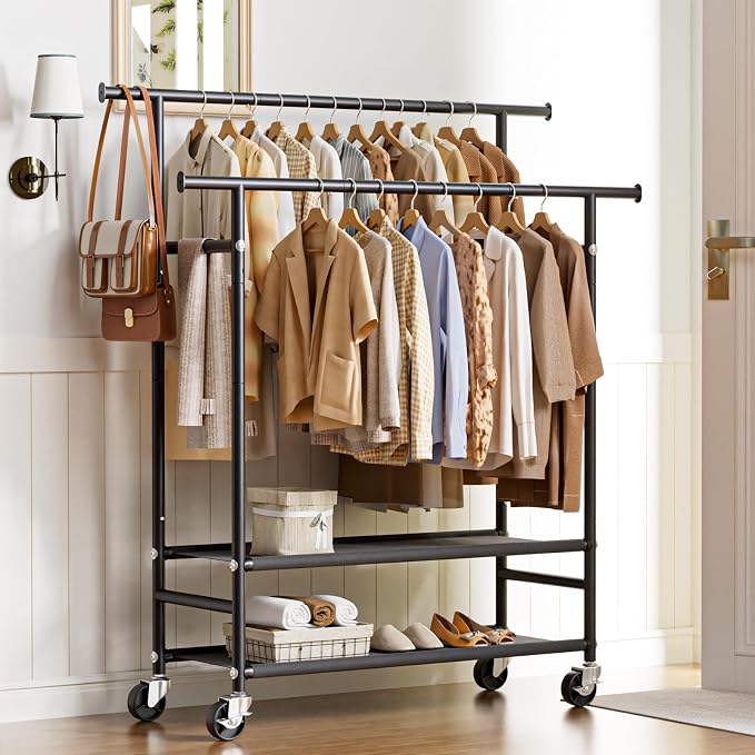 HYSEYY Clothes Rack, Double Rods Rolling Clothing Rack - Image 8