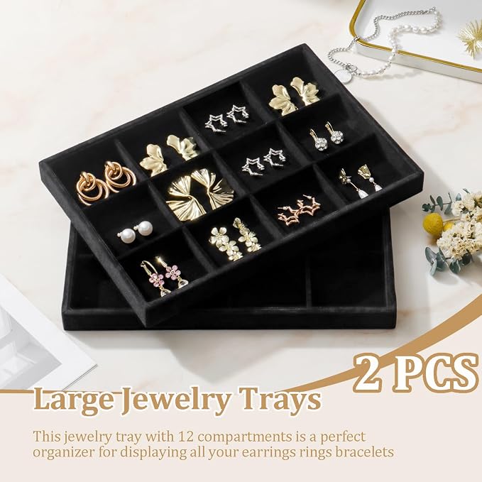 Large Velvet Jewelry Tray 2 Pack Stackable Jewelry Display Drawer Inserts Trays - Image 2