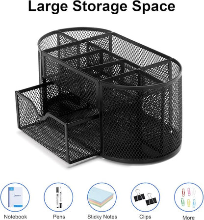 Comix Mesh Pen Pencil Holder Desk Organizer, 8 Compartment and 1 Drawer Wire - Image 4