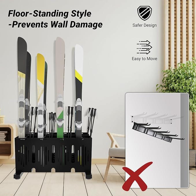 8-Pair Ski Storage Rack w/Width-Adjustable Fixing Bars, Heavy Duty Metal - Image 5