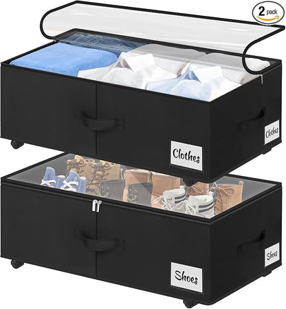 Under Bed Storage with Wheels, Quick Assembly Underbed Shoe Storage Containers by KUKIKAN