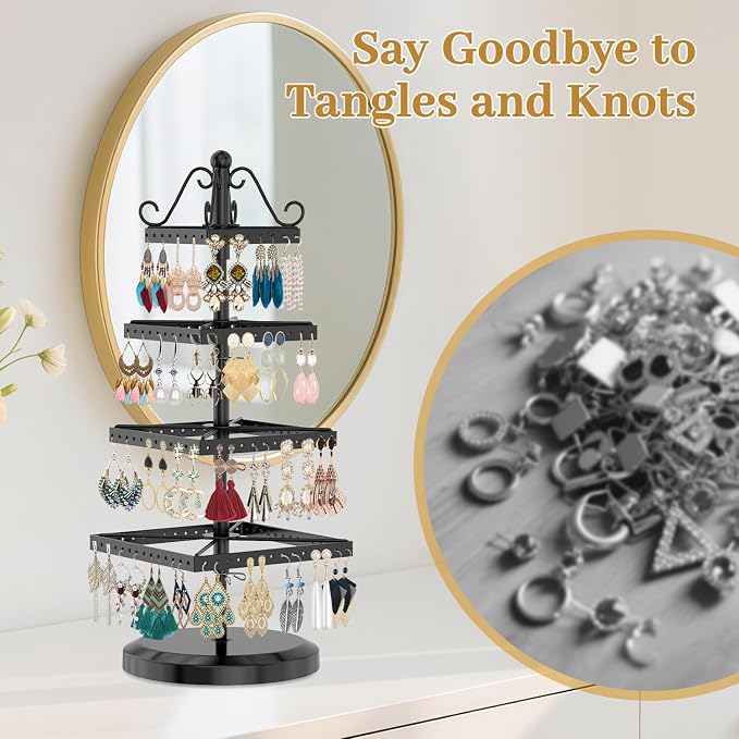MODOWEY Rotating Earring Holder Organizer Stand, 4 Tier Adjustable Metal - Image 6