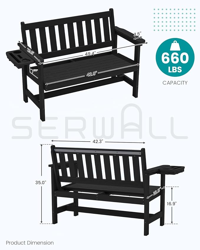SERWALL HDPE Outdoor Bench, Weatherproof Porch Bench, 2 Pack, Suitable - Image 3