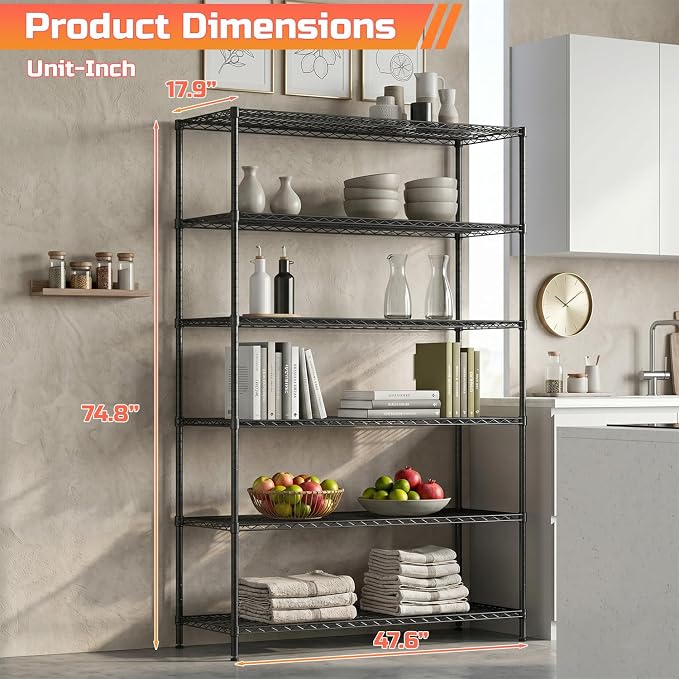 FDW | 6-Tier Wire Shelf with Wheels | 48" x 18" x 76" | Black | Storage Shelves - Image 3