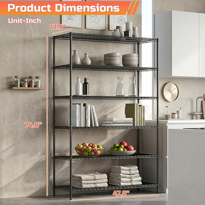 FDW | 6-Tier Wire Shelf with Wheels | 48" x 18" x 76" | Black | Storage Shelves - Image 3