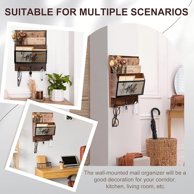 Yalikop Farmhouse Mail Organizer Wall Mounted Rustic Mail Holder Hanging Key - Image 6