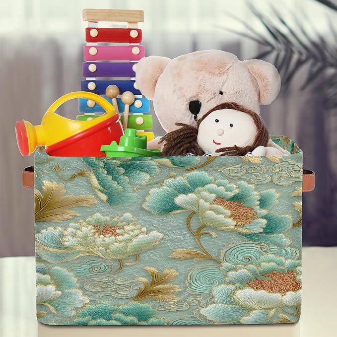 Pardick Teal Flower Floral Basket Storage Bins Large Fabric Toys Storage Cube - Image 3