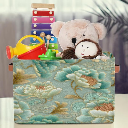 Pardick Teal Flower Floral Basket Storage Bins Large Fabric Toys Storage Cube - Image 3