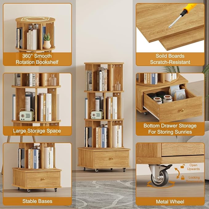 Rotating Bookshelf with Drawers on Lockable Wheels Wood Oak | 4 Tier Spinning - Image 7