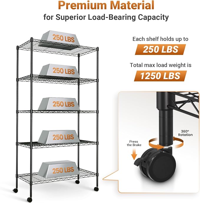 HealSmart Heavy Duty 5-Shelf Storage Shelving Unit, 1250lbs Loading Capacity - Image 4