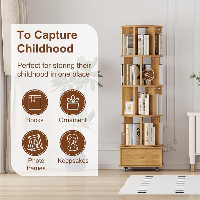 4-Tier Rotating Bookshelf with Drawers on Wheels, 360° Spinning Corner Bookcase - Image 4