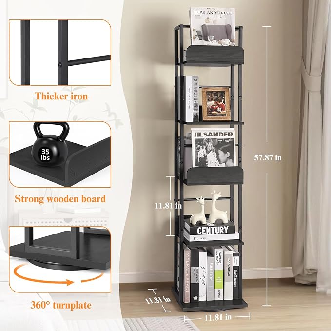 Bikoney Rotating Bookshelf, 360 Display Spinning Bookshelf Tower, 5-Tier Narrow - Image 3