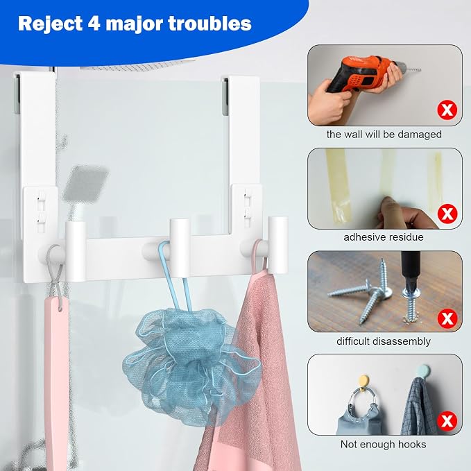 PMMASTO No-Drill Extra Long Shower Hooks, Fits 3/8" Thick Door, Heavy Duty - Image 5