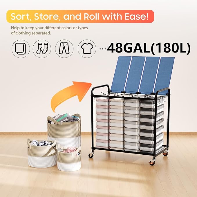 Laundry Sorter 4 Sections 48 Gal, Rolling Laundry Basket - Image 6