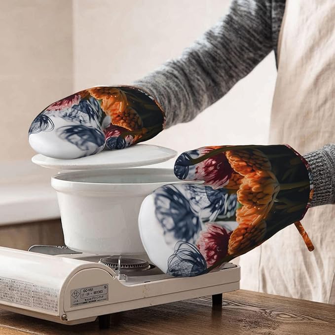 Flowers Print Oven Mitts Set of 2, Heat Resistant Silicone Oven Mittens Gloves - Image 8