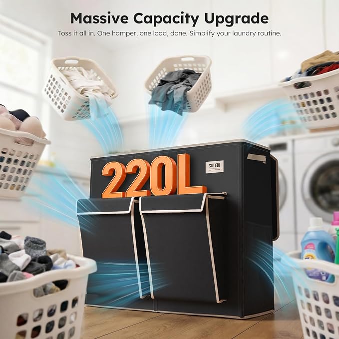 SOLEDI 220L Laundry Hamper 3 Section, Extra Large Laundry Basket - Image 3