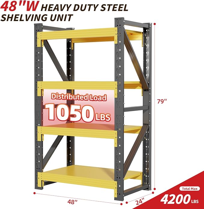 48" W Garage Shelving, 4-Tier Heavy Duty Storage Shelves Unit - Image 2