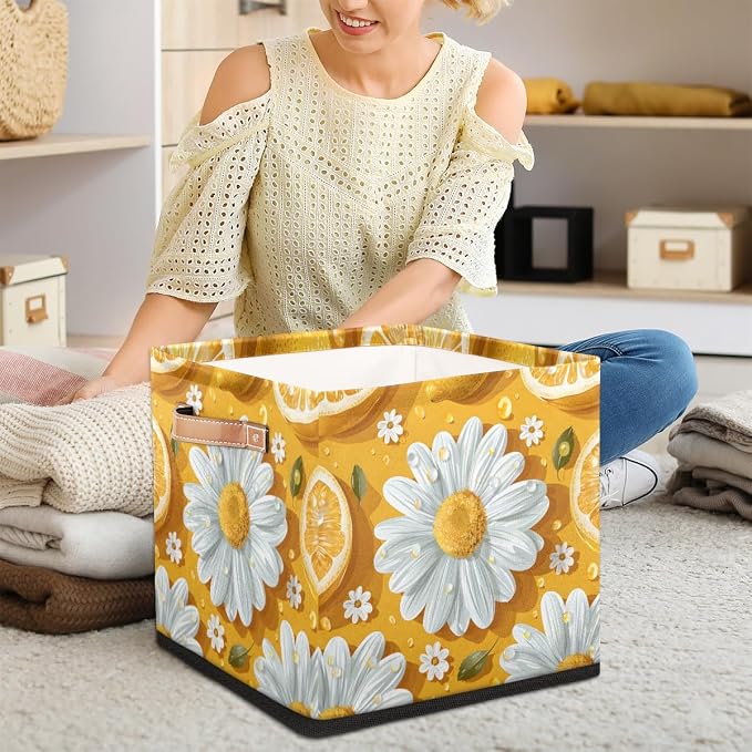 TropicalLife 13x13x13 Inch Large Fabric Storage Cube Lemon Daisy Foldable - Image 3