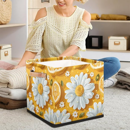 TropicalLife 13x13x13 Inch Large Fabric Storage Cube Lemon Daisy Foldable - Image 3