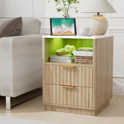 VOWNER Fluted Nightstand with Charging Station, 18” Night Stand with 2 Drawers by VOWNER