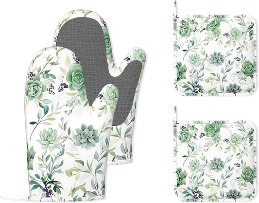 Succulent Plants Flowers Oven Mitts and Pot Holders, Heat Resistant Non-Slip by Unknown