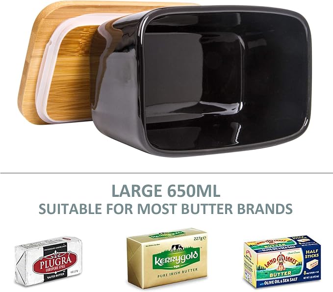 Butter Dish with Lid, Extra Large 650ml, Porcelain Keeper with Bamboo Lid Cover - Image 4