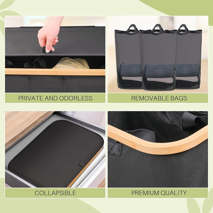 160L Laundry Hamper with Lid, 3 Section Laundry Basket with 3 Removable Bag | - Image 6